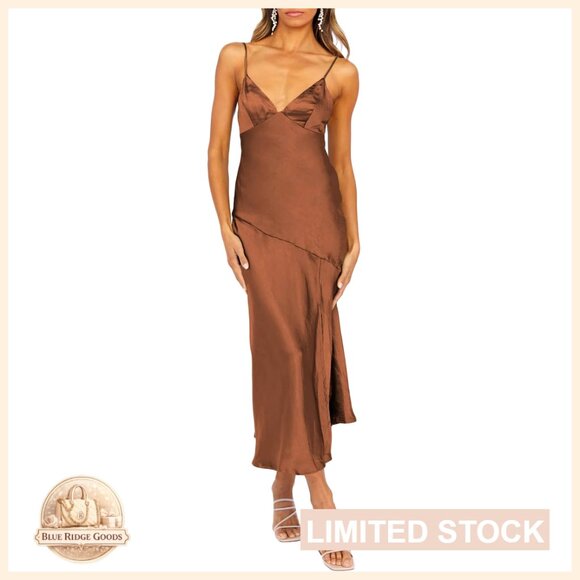Satin Slip Midi Dress with Spaghetti Straps V-Neck Backless Side Slit
